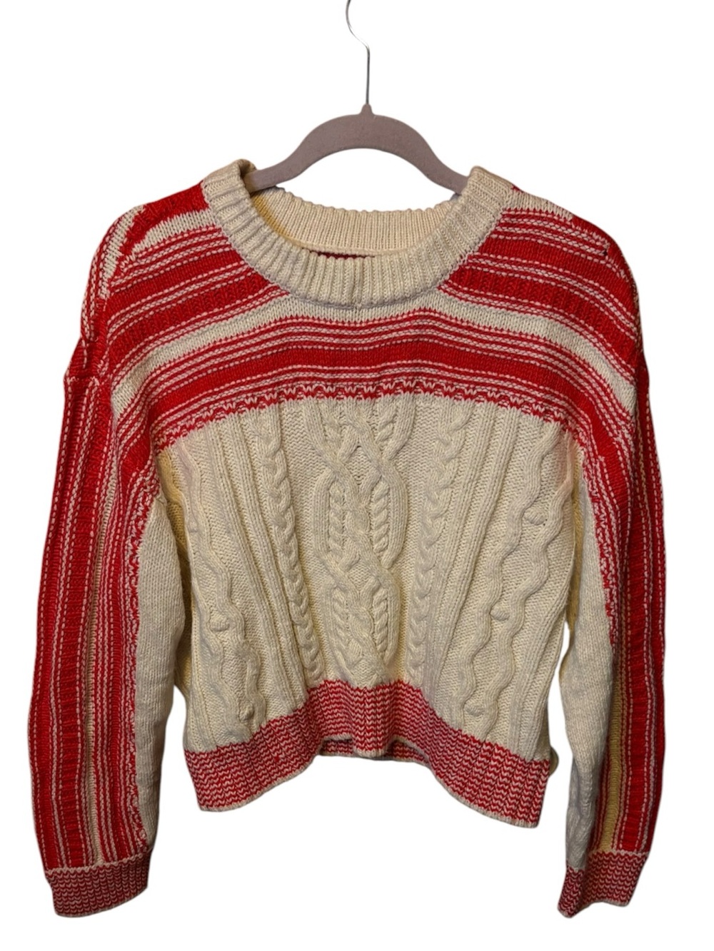 American Eagle Cable Knit Fair Isle Sweater Red Cream Size Medium